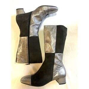 Vtg Franco Sarto Patchwork Boots Silver Dark Grey Suede Square Toe Y2K Gogo 9M